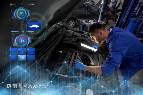 汽車服務(wù),維修,維護(hù)人的汽車技工與燈工作車間車間修燈車的技工