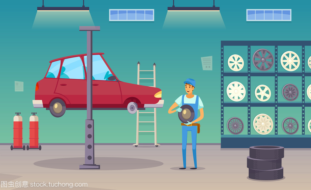 汽車服務車庫卡通組成海報